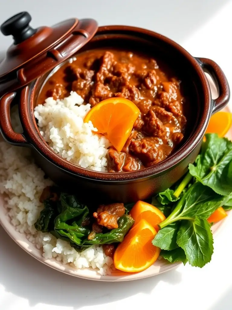 A vibrant image showcasing a traditional feijoada dish from Rio de Janeiro, Brazil, served in a clay pot with all the accompaniments like rice, collard greens, and orange slices, highlighting the rich flavors of the region.
