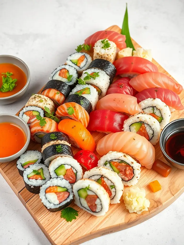 A colorful image of a Japanese sushi platter with various types of sushi rolls, sashimi, and nigiri, arranged artfully on a wooden board, representing the diverse international cuisine options available.