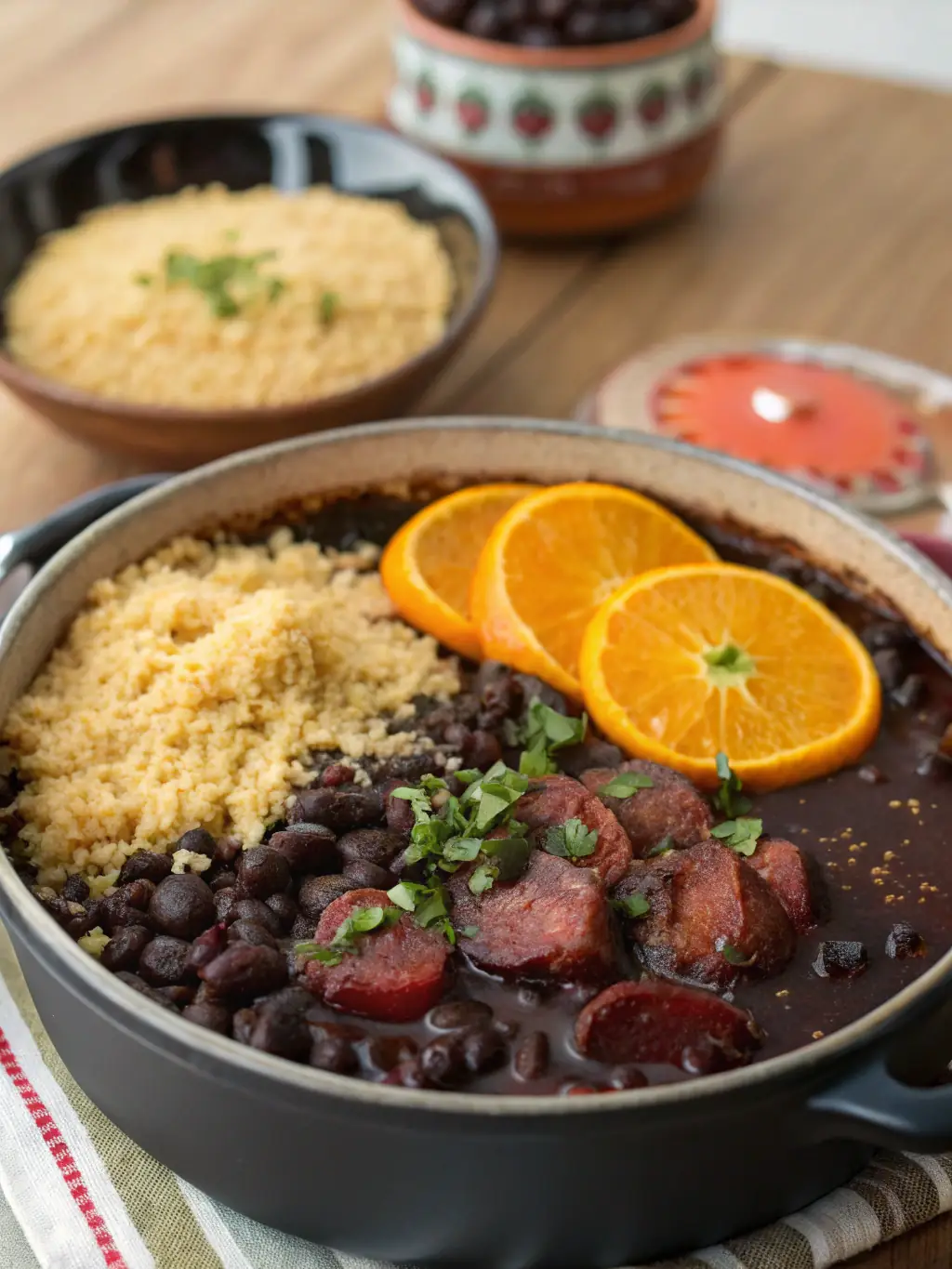 A vibrant photo of a feijoada dish at a top-rated restaurant in Rio de Janeiro, showcasing the rich flavors and traditional presentation.