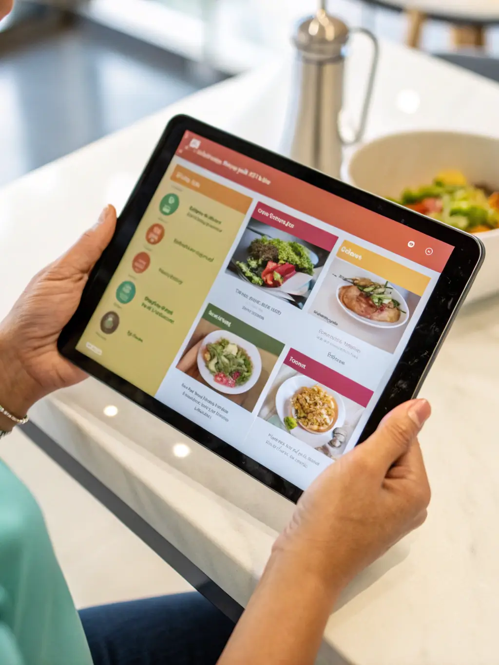 An illustration of a user interacting with the Novibet app on a tablet, exploring different restaurant options and filtering by cuisine and location.