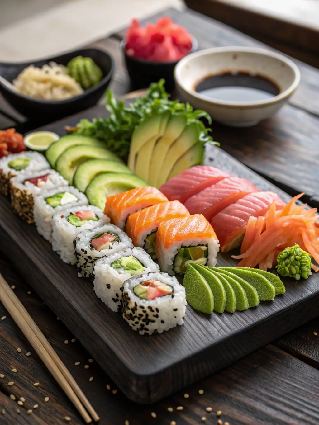 A close-up shot of a beautifully plated sushi assortment, highlighting the fresh ingredients and artistic presentation, representing the Japanese cuisine options on Novibet.
