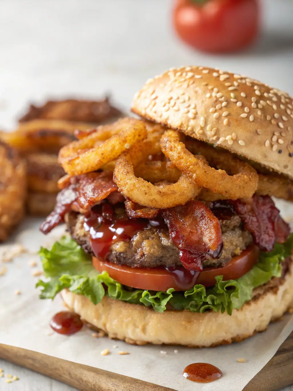 A visually appealing image of a gourmet burger with a 'Happy Hour' sign, advertising discounted burgers and drinks during happy hour at a burger joint on Novibet.