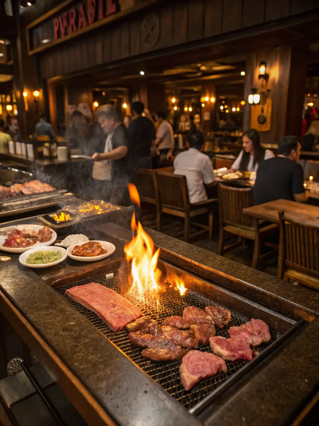 A vibrant photo of a Brazilian steakhouse, showcasing a variety of grilled meats on skewers, with happy diners in the background, representing the churrascaria experience available on Novibet.
