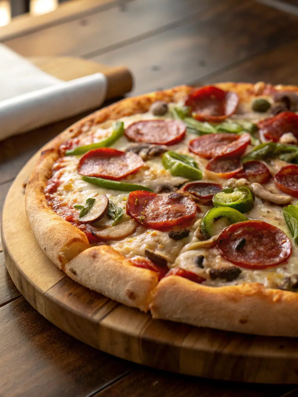 A close-up shot of a delicious pizza from a well-known pizzeria in São Paulo, emphasizing the crispy crust and gourmet toppings.