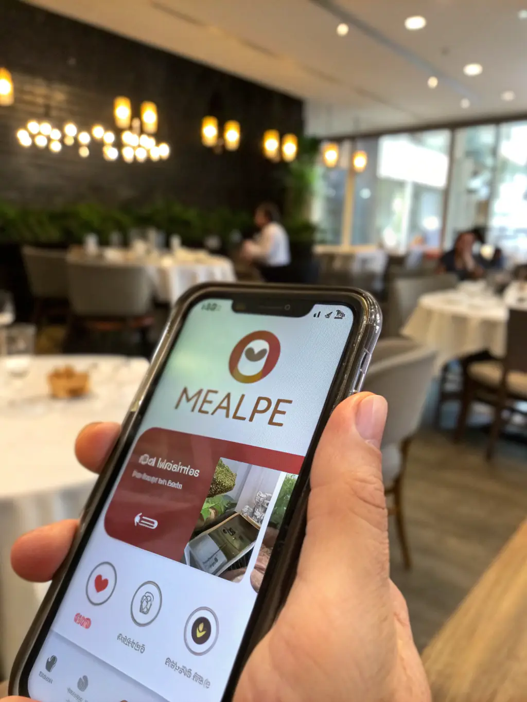 A digital illustration of a smartphone displaying the Novibet app interface, showcasing a list of restaurants with available reservation slots.