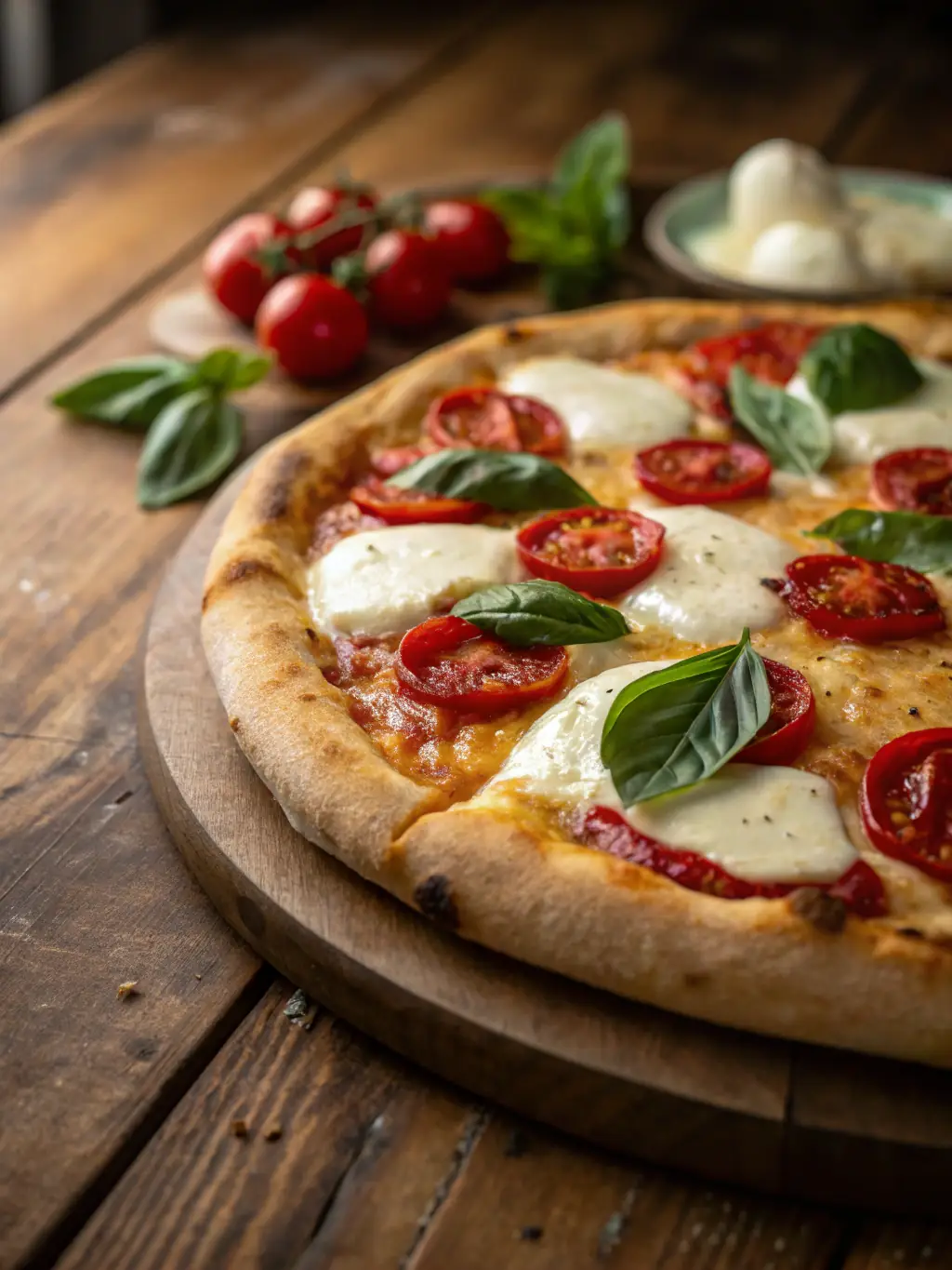 A rustic image of a Neapolitan pizza with a charred crust, fresh mozzarella, basil leaves, and ripe tomatoes, showcasing the classic Italian flavors available on the platform.